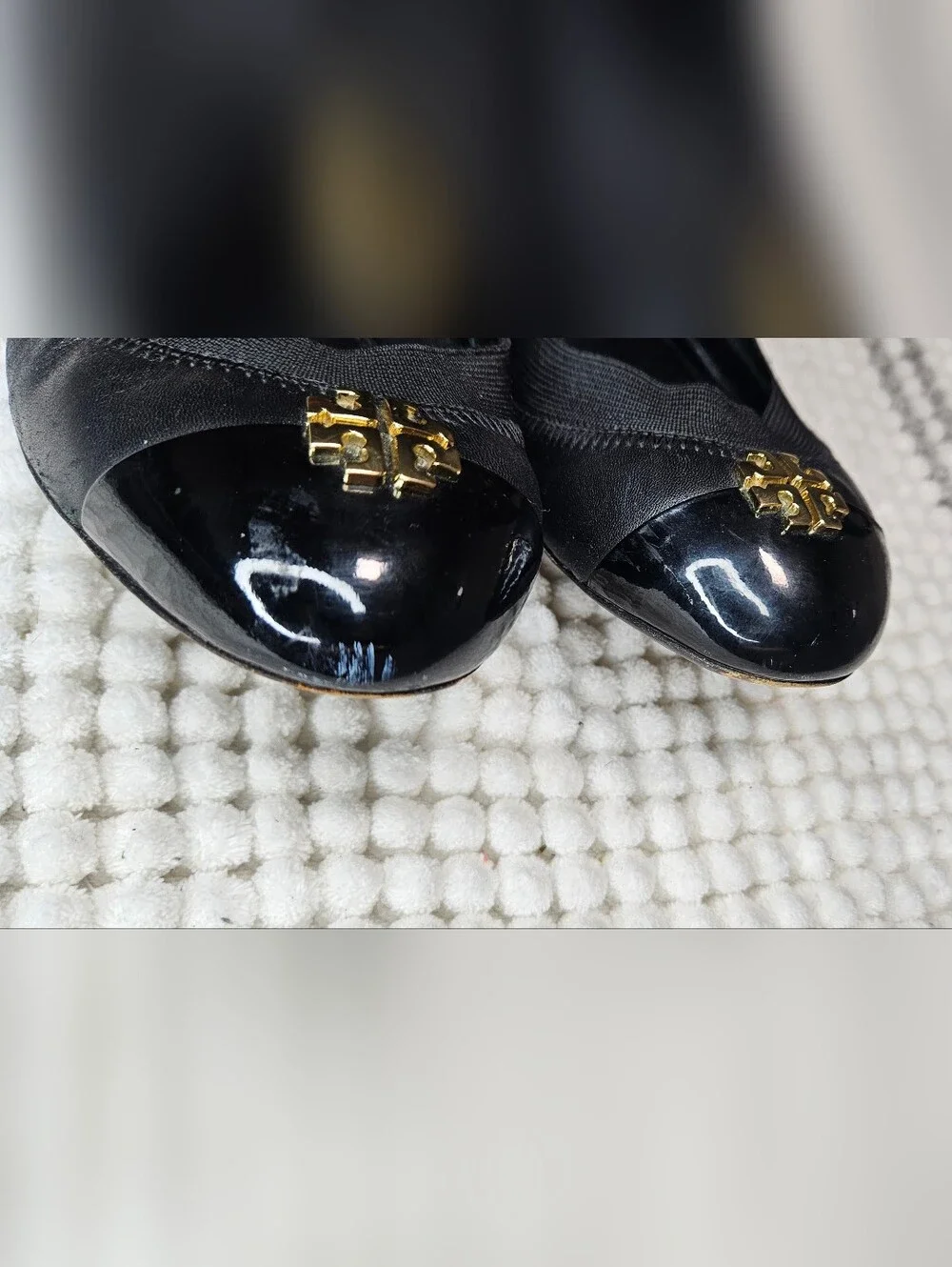 Tory Burch Ballet Flats Size-8 Black Gold Leather Jolie Stretch Shoes.